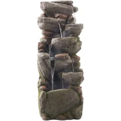 VEVOR Outdoor Water Fountain, 38.98 in Height Fountain and Waterfall, 7-Tier Floor Standing Rock-Shaped Cascading Fountains with LED Light and Pump, for Outdoor Indoor Garden, Home, Patio & Backyard
