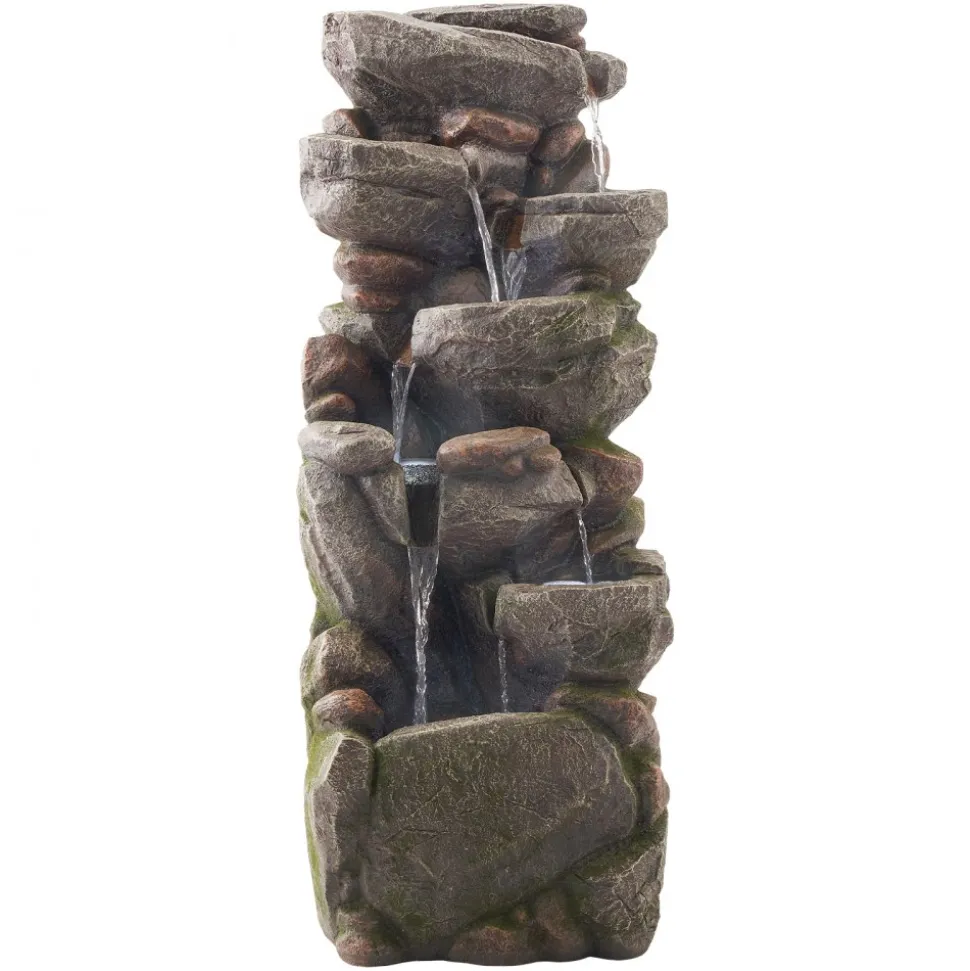 VEVOR Outdoor Water Fountain, 38.98 in Height Fountain and Waterfall, 7-Tier Floor Standing Rock-Shaped Cascading Fountains with LED Light and Pump, for Outdoor Indoor Garden, Home, Patio & Backyard