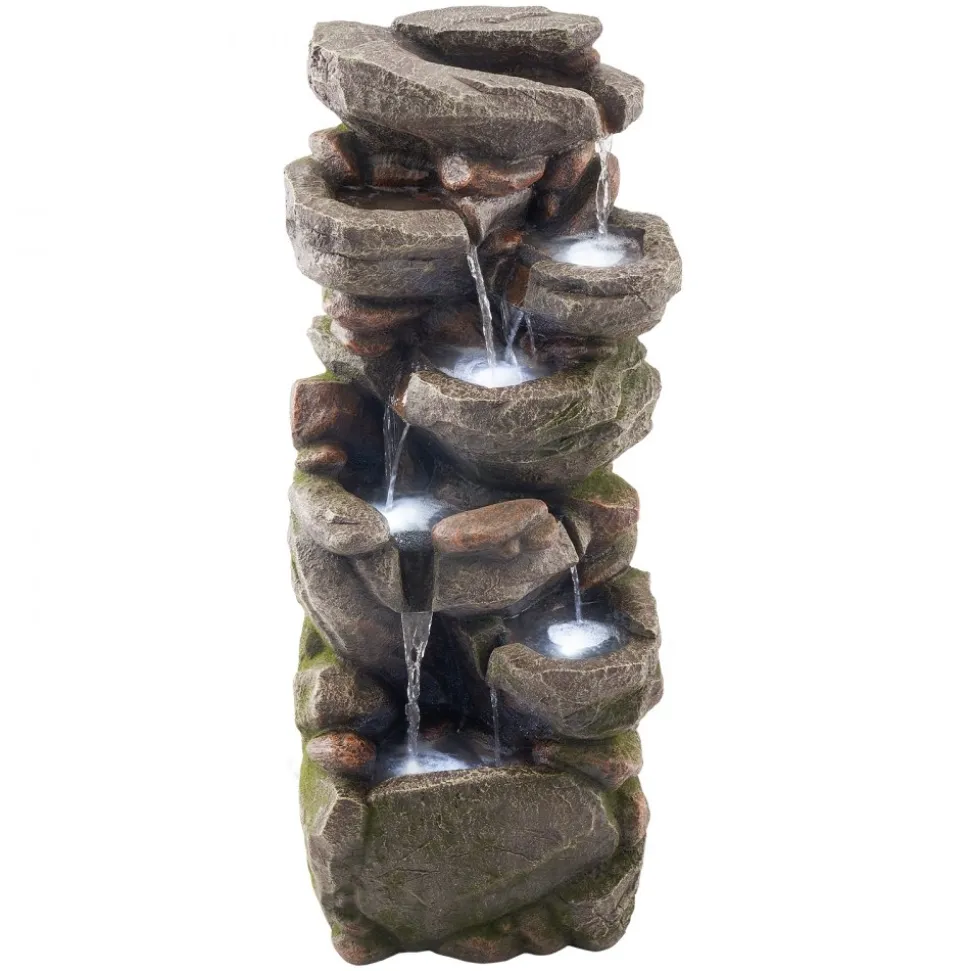 VEVOR Outdoor Water Fountain, 38.98 in Height Fountain and Waterfall, 7-Tier Floor Standing Rock-Shaped Cascading Fountains with LED Light and Pump, for Outdoor Indoor Garden, Home, Patio & Backyard
