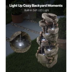VEVOR Outdoor Water Fountain, 38.98 in Height Fountain and Waterfall, 7-Tier Floor Standing Rock-Shaped Cascading Fountains with LED Light and Pump, for Outdoor Indoor Garden, Home, Patio & Backyard