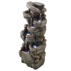 VEVOR Outdoor Water Fountain, 38.98 in Height Fountain and Waterfall, 7-Tier Floor Standing Rock-Shaped Cascading Fountains with LED Light and Pump, for Outdoor Indoor Garden, Home, Patio & Backyard