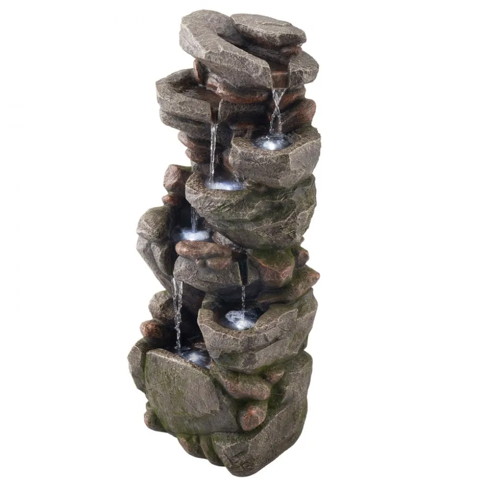 VEVOR Outdoor Water Fountain, 38.98 in Height Fountain and Waterfall, 7-Tier Floor Standing Rock-Shaped Cascading Fountains with LED Light and Pump, for Outdoor Indoor Garden, Home, Patio & Backyard
