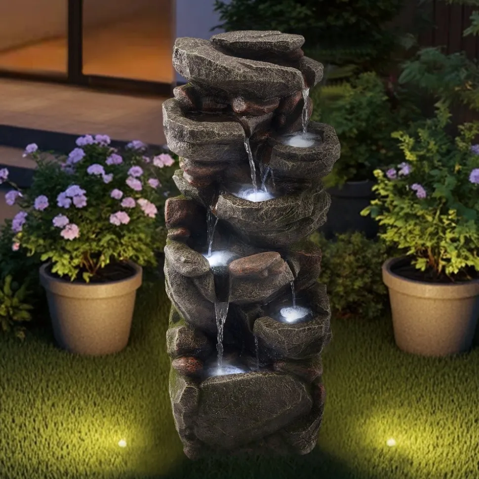 VEVOR Outdoor Water Fountain, 38.98 in Height Fountain and Waterfall, 7-Tier Floor Standing Rock-Shaped Cascading Fountains with LED Light and Pump, for Outdoor Indoor Garden, Home, Patio & Backyard