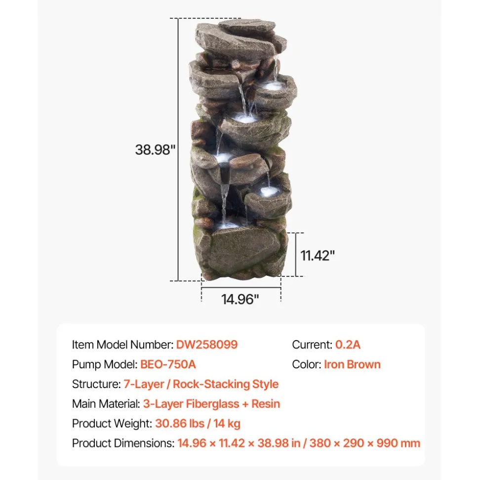 VEVOR Outdoor Water Fountain, 38.98 in Height Fountain and Waterfall, 7-Tier Floor Standing Rock-Shaped Cascading Fountains with LED Light and Pump, for Outdoor Indoor Garden, Home, Patio & Backyard