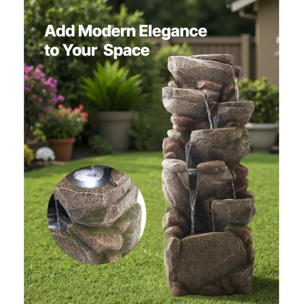 VEVOR Outdoor Water Fountain, 38.98 in Height Fountain and Waterfall, 7-Tier Floor Standing Rock-Shaped Cascading Fountains with LED Light and Pump, for Outdoor Indoor Garden, Home, Patio & Backyard
