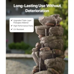 VEVOR Outdoor Water Fountain, 38.98 in Height Fountain and Waterfall, 7-Tier Floor Standing Rock-Shaped Cascading Fountains with LED Light and Pump, for Outdoor Indoor Garden, Home, Patio & Backyard