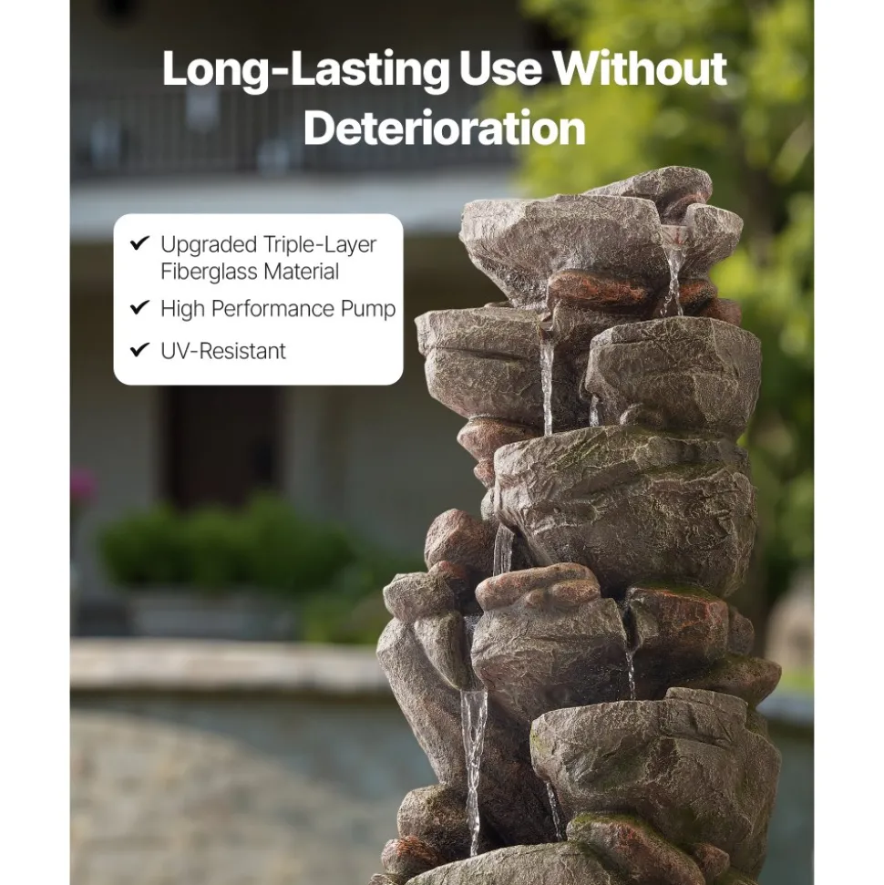 VEVOR Outdoor Water Fountain, 38.98 in Height Fountain and Waterfall, 7-Tier Floor Standing Rock-Shaped Cascading Fountains with LED Light and Pump, for Outdoor Indoor Garden, Home, Patio & Backyard