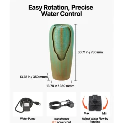 VEVOR Outdoor Water Fountain, 30.71 in Height Fountain and Waterfall, 1-Tier Floor Standing Glazed Jar Style Fountains with LED Light and Pump, for Outdoor Indoor Garden, Home, Patio & Yard (Green)