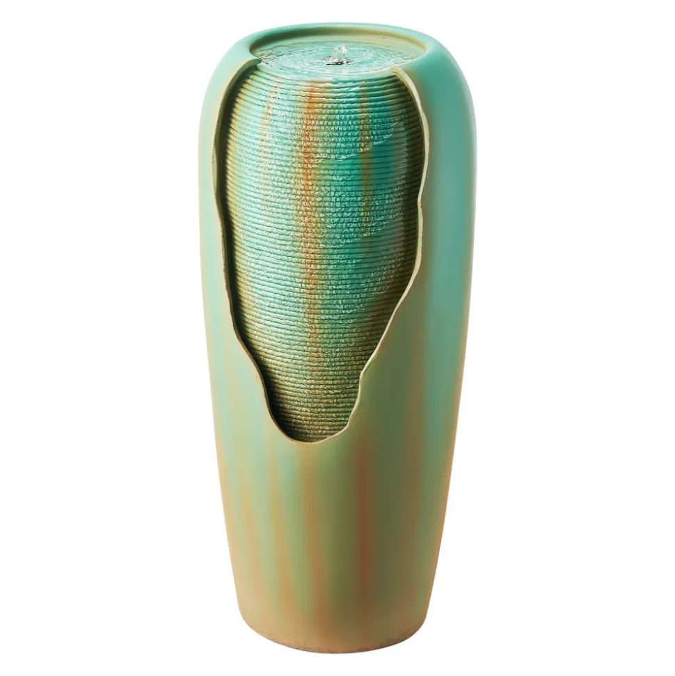 VEVOR Outdoor Water Fountain, 30.71 in Height Fountain and Waterfall, 1-Tier Floor Standing Glazed Jar Style Fountains with LED Light and Pump, for Outdoor Indoor Garden, Home, Patio & Yard (Green)
