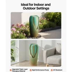 VEVOR Outdoor Water Fountain, 30.71 in Height Fountain and Waterfall, 1-Tier Floor Standing Glazed Jar Style Fountains with LED Light and Pump, for Outdoor Indoor Garden, Home, Patio & Yard (Green)