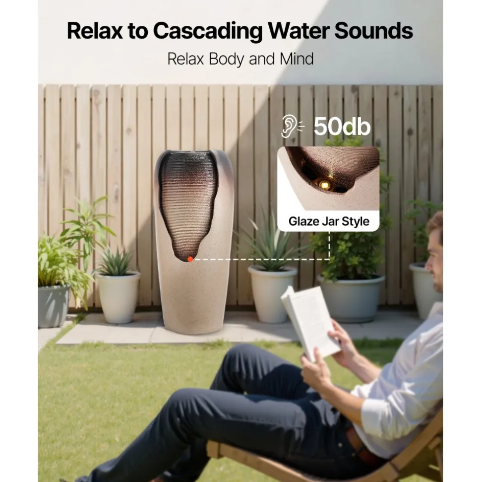 VEVOR Outdoor Water Fountain, 30.71 in Height Fountain and Waterfall, 1-Tier Floor Standing Glazed Jar Style Fountains with LED Light and Pump, for Outdoor Indoor Garden, Home, Patio & Yard (Coffee)