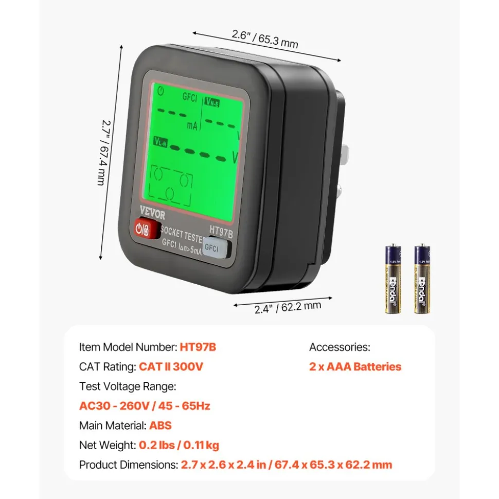 VEVOR Outlet Tester, Electrical GFCI Trip Tester, LCD Display Receptacle Detector for 7 Common Wiring Faults, 3 Prong Socket Detector with Auto Shutoff & Low Battery Indicator, CAT II 300V Rating