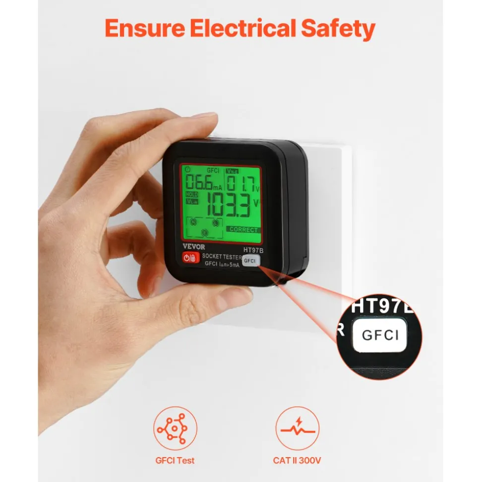 VEVOR Outlet Tester, Electrical GFCI Trip Tester, LCD Display Receptacle Detector for 7 Common Wiring Faults, 3 Prong Socket Detector with Auto Shutoff & Low Battery Indicator, CAT II 300V Rating