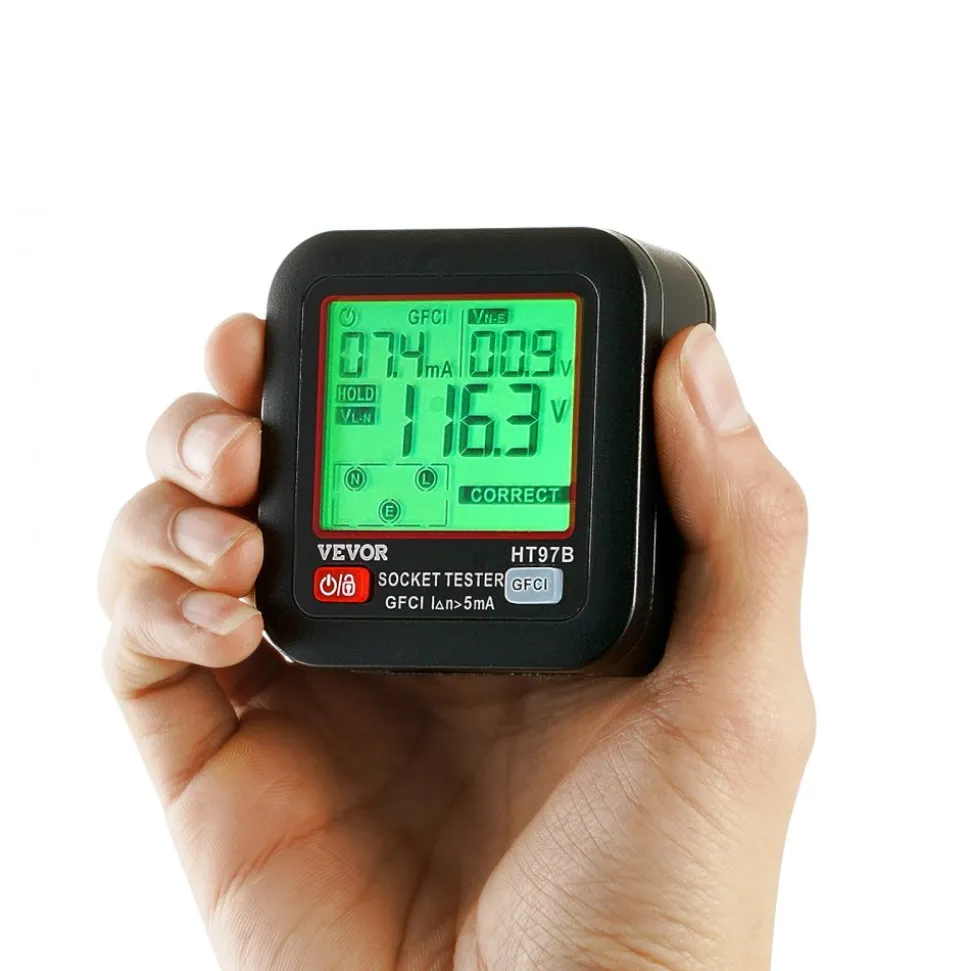 VEVOR Outlet Tester, Electrical GFCI Trip Tester, LCD Display Receptacle Detector for 7 Common Wiring Faults, 3 Prong Socket Detector with Auto Shutoff & Low Battery Indicator, CAT II 300V Rating