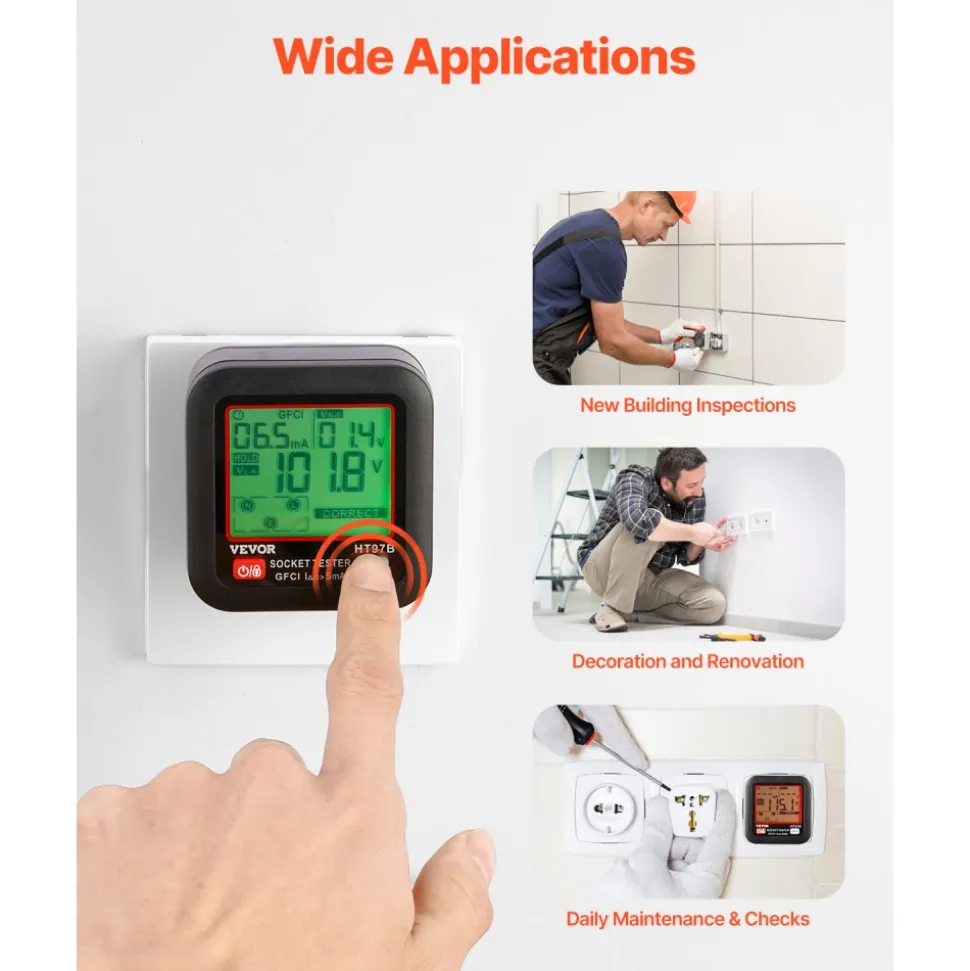 VEVOR Outlet Tester, Electrical GFCI Trip Tester, LCD Display Receptacle Detector for 7 Common Wiring Faults, 3 Prong Socket Detector with Auto Shutoff & Low Battery Indicator, CAT II 300V Rating