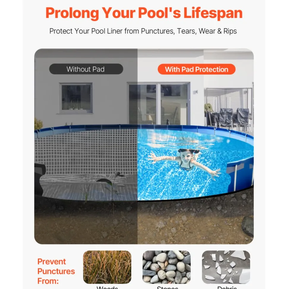 VEVOR Oval Pool Liner Pad, 15 x 30 ft Pool Liner Pad for Above Ground Swimming Pools, Extra-Thick Pool Mat, Prevents Punctures, Recycled Geotextile Material Underlayment Pad, Extend Liner Life