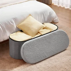 VEVOR Oval Storage Ottoman Bench, Foldable Teddy Fleece End of Bed Bench, Folding Upholstered Bed Ottoman Chest with Large Storage Space, Supports 660 lbs, for Living Room, Bedroom, Entryway, Grey