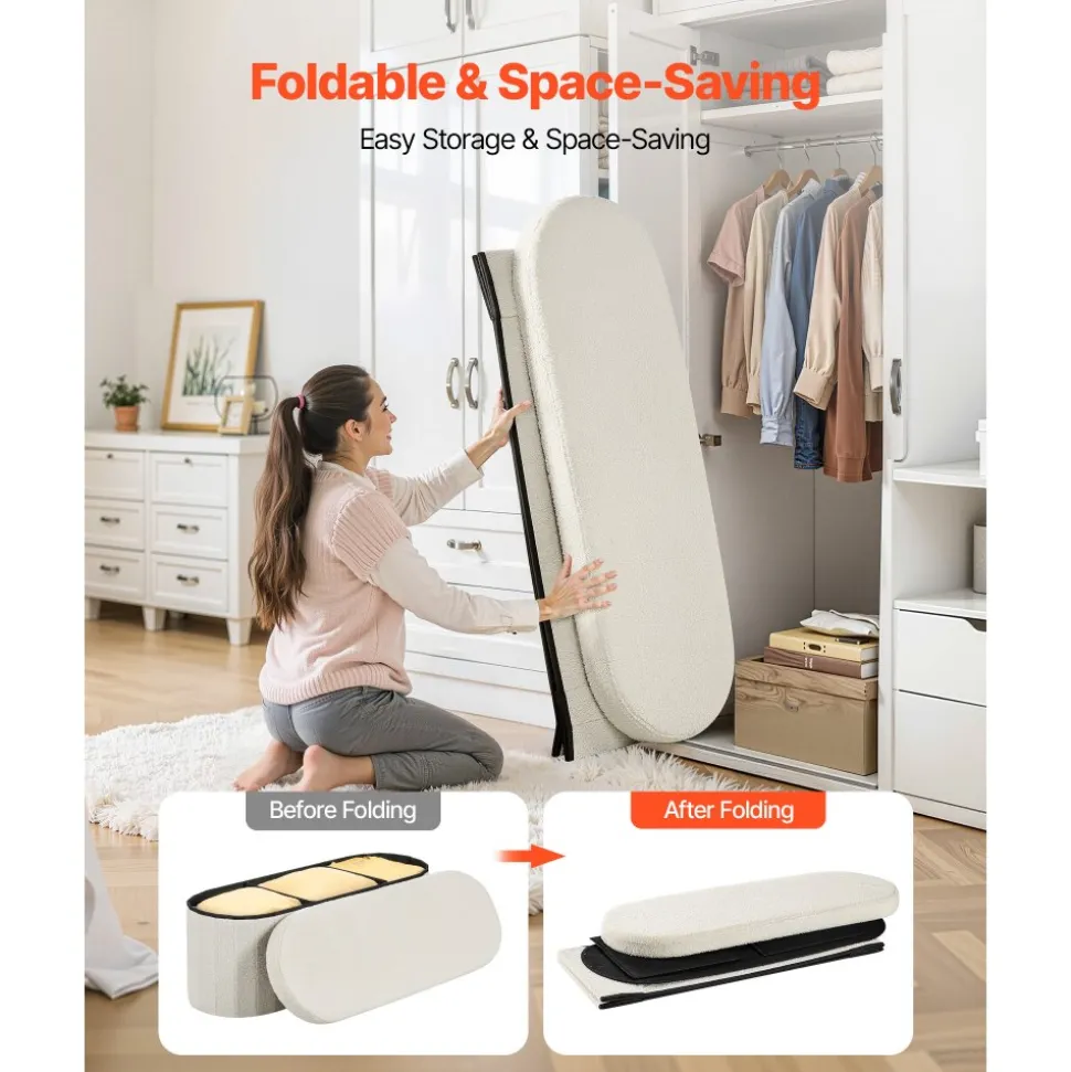 VEVOR Oval Storage Ottoman Bench, Foldable Teddy Fleece End of Bed Bench, Folding Upholstered Bed Ottoman Chest with Large Storage Space, Supports 660 lbs, for Living Room, Bedroom, Entryway, Beige