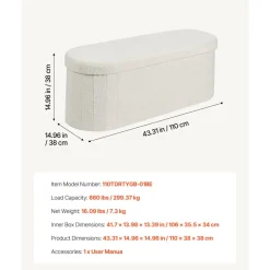 VEVOR Oval Storage Ottoman Bench, Foldable Teddy Fleece End of Bed Bench, Folding Upholstered Bed Ottoman Chest with Large Storage Space, Supports 660 lbs, for Living Room, Bedroom, Entryway, Beige