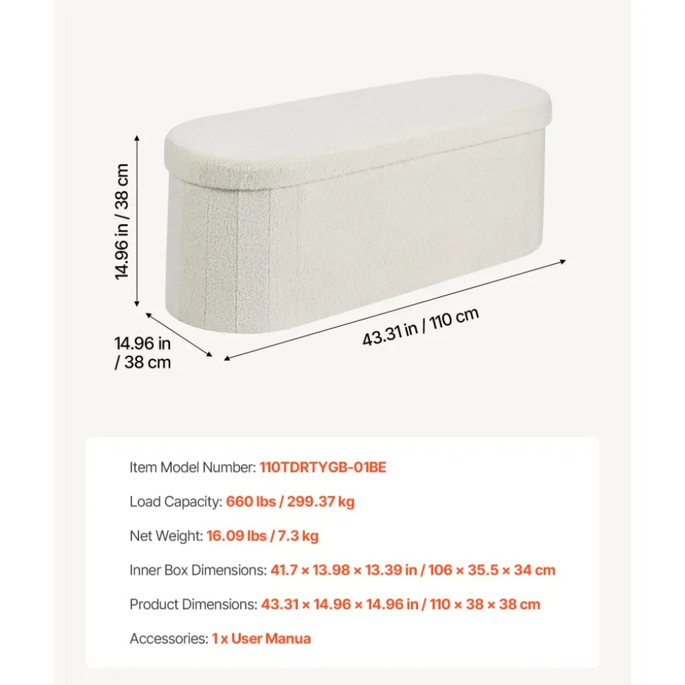 VEVOR Oval Storage Ottoman Bench, Foldable Teddy Fleece End of Bed Bench, Folding Upholstered Bed Ottoman Chest with Large Storage Space, Supports 660 lbs, for Living Room, Bedroom, Entryway, Beige