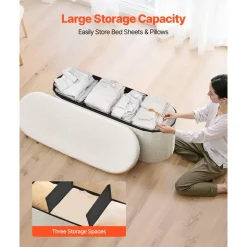 VEVOR Oval Storage Ottoman Bench, Foldable Teddy Fleece End of Bed Bench, Folding Upholstered Bed Ottoman Chest with Large Storage Space, Supports 660 lbs, for Living Room, Bedroom, Entryway, Beige