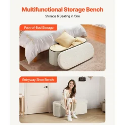 VEVOR Oval Storage Ottoman Bench, Foldable Teddy Fleece End of Bed Bench, Folding Upholstered Bed Ottoman Chest with Large Storage Space, Supports 660 lbs, for Living Room, Bedroom, Entryway, Beige