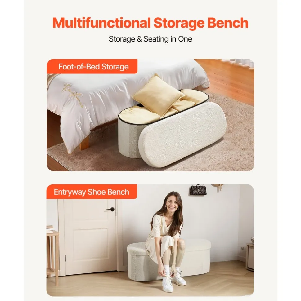 VEVOR Oval Storage Ottoman Bench, Foldable Teddy Fleece End of Bed Bench, Folding Upholstered Bed Ottoman Chest with Large Storage Space, Supports 660 lbs, for Living Room, Bedroom, Entryway, Beige