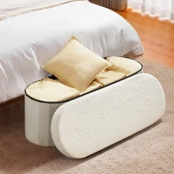 VEVOR Oval Storage Ottoman Bench, Foldable Teddy Fleece End of Bed Bench, Folding Upholstered Bed Ottoman Chest with Large Storage Space, Supports 660 lbs, for Living Room, Bedroom, Entryway, Beige