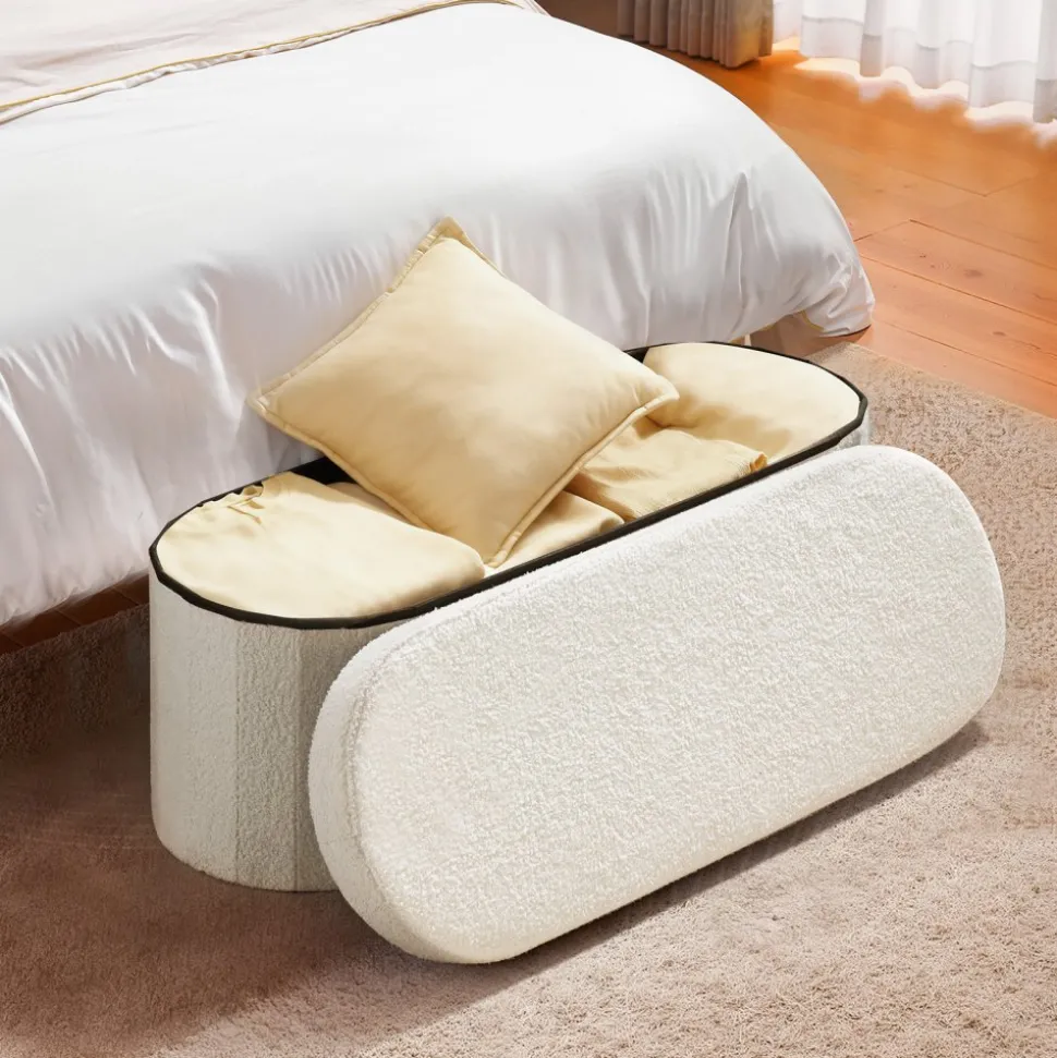 VEVOR Oval Storage Ottoman Bench, Foldable Teddy Fleece End of Bed Bench, Folding Upholstered Bed Ottoman Chest with Large Storage Space, Supports 660 lbs, for Living Room, Bedroom, Entryway, Beige