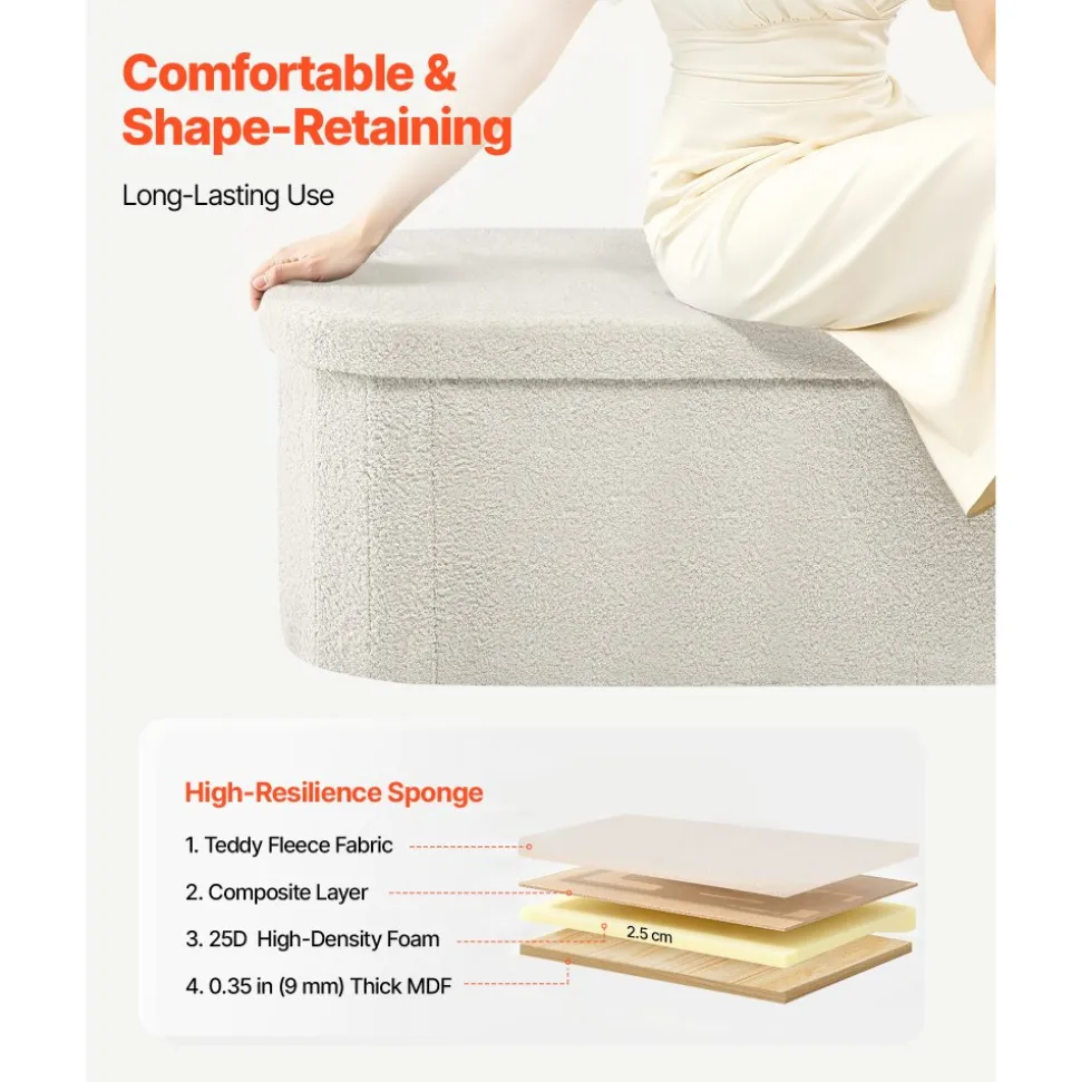 VEVOR Oval Storage Ottoman Bench, Foldable Teddy Fleece End of Bed Bench, Folding Upholstered Bed Ottoman Chest with Large Storage Space, Supports 660 lbs, for Living Room, Bedroom, Entryway, Beige