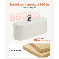 VEVOR Oval Storage Ottoman Bench, Foldable Teddy Fleece End of Bed Bench, Folding Upholstered Bed Ottoman Chest with Large Storage Space, Supports 660 lbs, for Living Room, Bedroom, Entryway, Beige