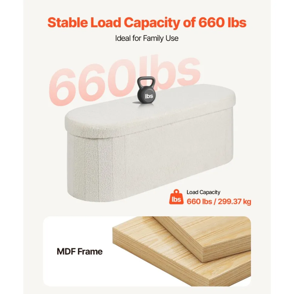 VEVOR Oval Storage Ottoman Bench, Foldable Teddy Fleece End of Bed Bench, Folding Upholstered Bed Ottoman Chest with Large Storage Space, Supports 660 lbs, for Living Room, Bedroom, Entryway, Beige