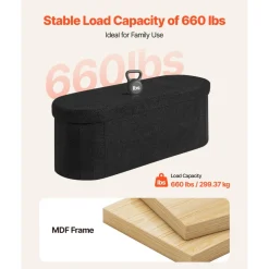VEVOR Oval Storage Ottoman Bench, Foldable Teddy Fleece End of Bed Bench, Folding Upholstered Bed Ottoman Chest with Large Storage Space, Supports 660 lbs, for Living Room, Bedroom, Entryway, Black
