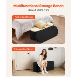 VEVOR Oval Storage Ottoman Bench, Foldable Teddy Fleece End of Bed Bench, Folding Upholstered Bed Ottoman Chest with Large Storage Space, Supports 660 lbs, for Living Room, Bedroom, Entryway, Black