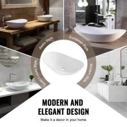 VEVOR Oval Vessel Sink, 23.3" x 14.2" Bathroom Vessel Sink Bowl Countertop, White Ceramic Bathroom Sinks Above Counter, Bowl Sink with Modern Style, Well-Packaged for Bathroom, Hotel, Toilet, RV