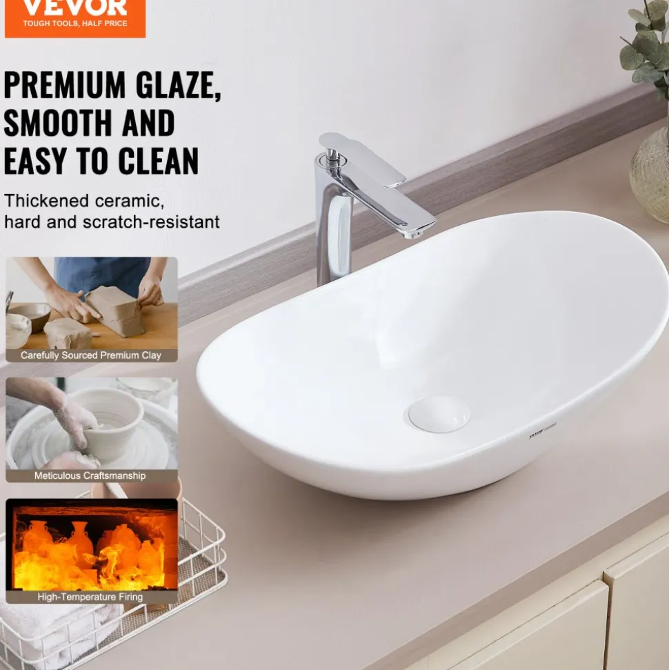 VEVOR Oval Vessel Sink, 23.3" x 14.2" Bathroom Vessel Sink Bowl Countertop, White Ceramic Bathroom Sinks Above Counter, Bowl Sink with Modern Style, Well-Packaged for Bathroom, Hotel, Toilet, RV