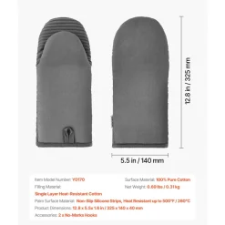 VEVOR Oven Mitts, Mini Oven Mitt Set with Non-Slip Silicone Strips, High Heat Resistant to 500℉, Lightweight Cotton Baking Mitts 13.07 x 6.1 inch with 2 No-Marks Hooks for Home, Kitchen, 2 Piece