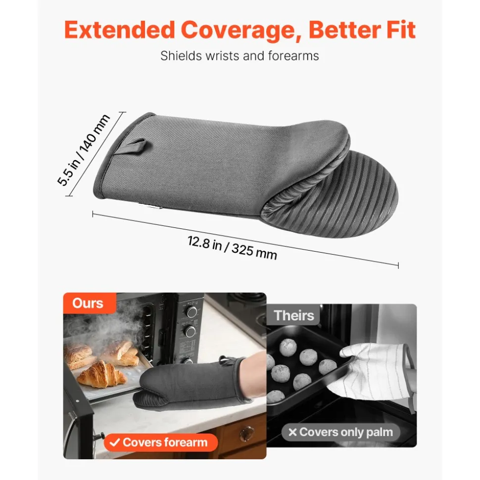 VEVOR Oven Mitts, Mini Oven Mitt Set with Non-Slip Silicone Strips, High Heat Resistant to 500℉, Lightweight Cotton Baking Mitts 13.07 x 6.1 inch with 2 No-Marks Hooks for Home, Kitchen, 2 Piece