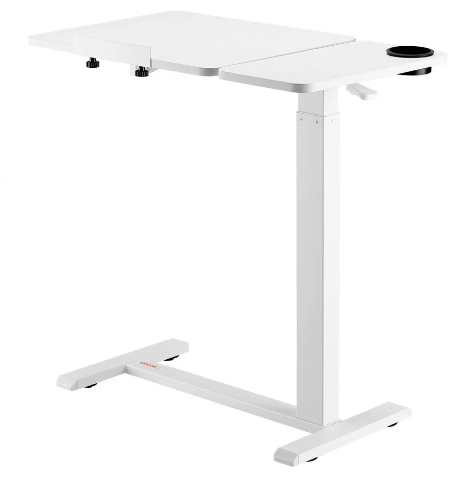 VEVOR Overbed Table, Mobile Bed Side Table with 4 Wheels, Electric Lifting with Upgrade Button, Rolling Laptop Desk with Cup Holder, Height Adjustable Overbed Desk for Home, Office, Study, Wood+Black