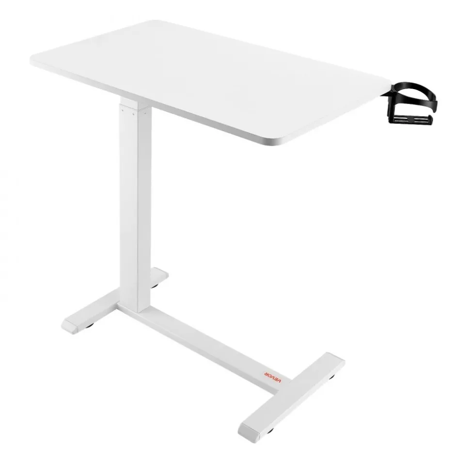 VEVOR Overbed Table, Mobile Bed Side Table with 4 Hidden Wheels, Height Adjustable Rolling Laptop Desk with Cup Holder, Portable Particleboard Over Bed Desk for Home, Office, Study, White