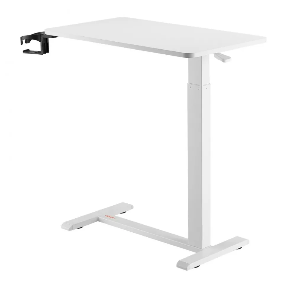 VEVOR Overbed Table, Mobile Bed Side Table with 4 Hidden Wheels, Height Adjustable Rolling Laptop Desk with Cup Holder, Portable Particleboard Over Bed Desk for Home, Office, Study, White