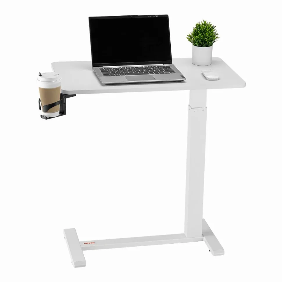 VEVOR Overbed Table, Mobile Bed Side Table with 4 Hidden Wheels, Height Adjustable Rolling Laptop Desk with Cup Holder, Portable Particleboard Over Bed Desk for Home, Office, Study, White