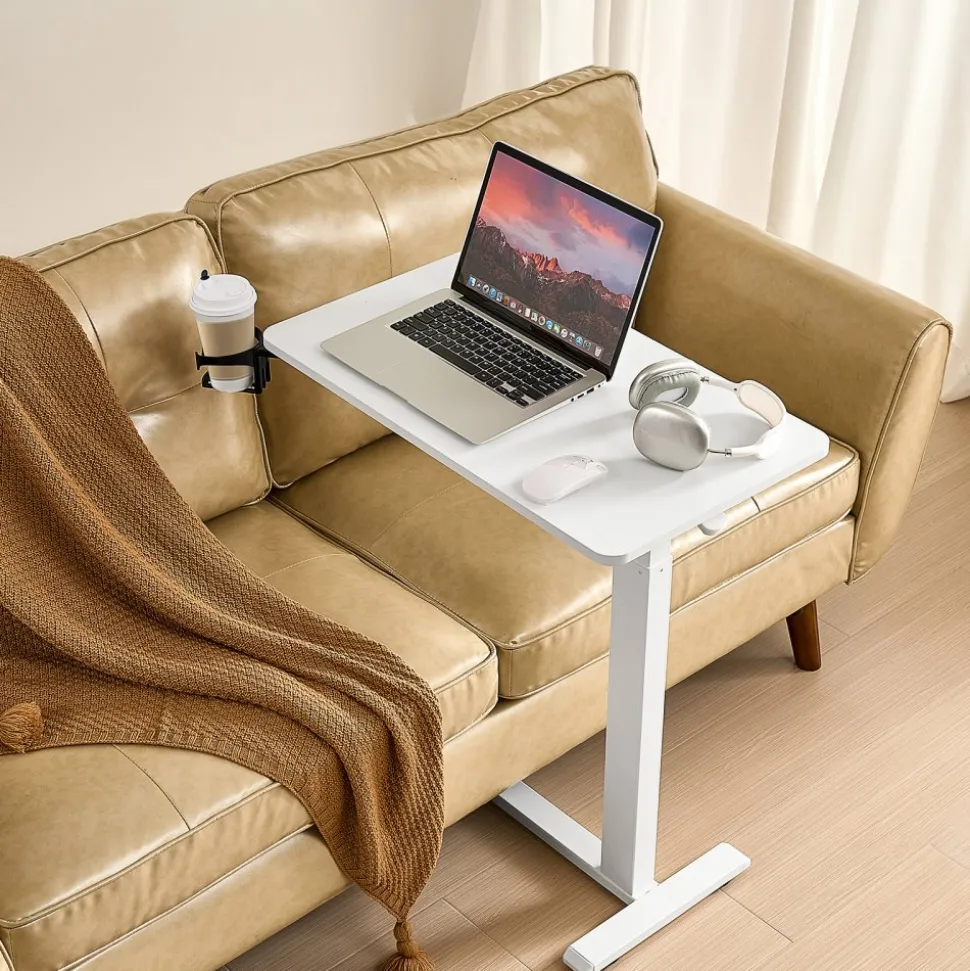 VEVOR Overbed Table, Mobile Bed Side Table with 4 Hidden Wheels, Height Adjustable Rolling Laptop Desk with Cup Holder, Portable Particleboard Over Bed Desk for Home, Office, Study, White
