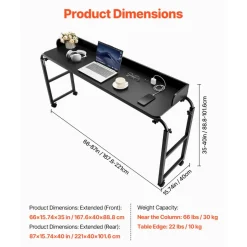 VEVOR Overbed Table, Mobile Bed Side Table with 4 Wheels (2 with Brakes) and Power Socket, Height Adjustable Rolling Laptop Desk, Portable Particleboard Over Bed Desk for Home, Office, Study, Black