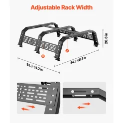 VEVOR Overland Truck Bed Rack, 54.3-68.3 in Width, Adjustable Overland Bed Cargo Rack with Sidebar and 900 lbs Static Load Capacity, Heavy Duty Steel, Compatible with Full Size and Mid-Size Trucks