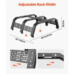 VEVOR Overland Truck Bed Rack, 49.2-67.9 in Width, Adjustable Overland Bed Cargo Rack with Sidebar, 900 lbs Static Capacity, Heavy Duty Steel, for Mid-Size Trucks, Compatible with Tacoma/Gladiator JT