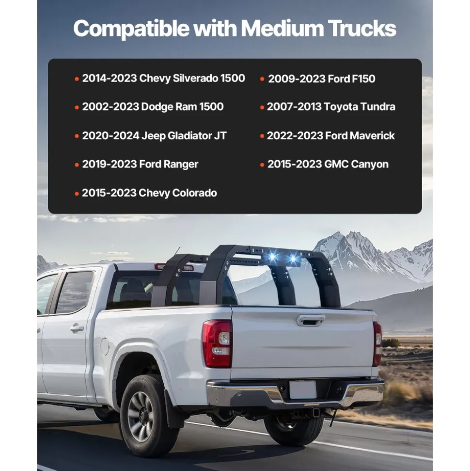 VEVOR Overland Truck Bed Rack, 14.4-17.3 in Height, Adjustable Bed Cargo Rack with Security LED Light, Compatible with Ram 1500/Tundra/Silverado 1500/F150/Gladiator JT/Colorado/Canyon/Ranger/Maverick