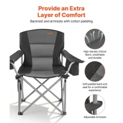 VEVOR Oversized Camping Chairs, 450 lbs Heavy Duty Support, Portable Folding Camp Chairs with Padded Backrest & Armrests, Cup Holder & Side Pocket, Cooler Bag, Carry Bags for Outdoor, Fishing, 2 Pack