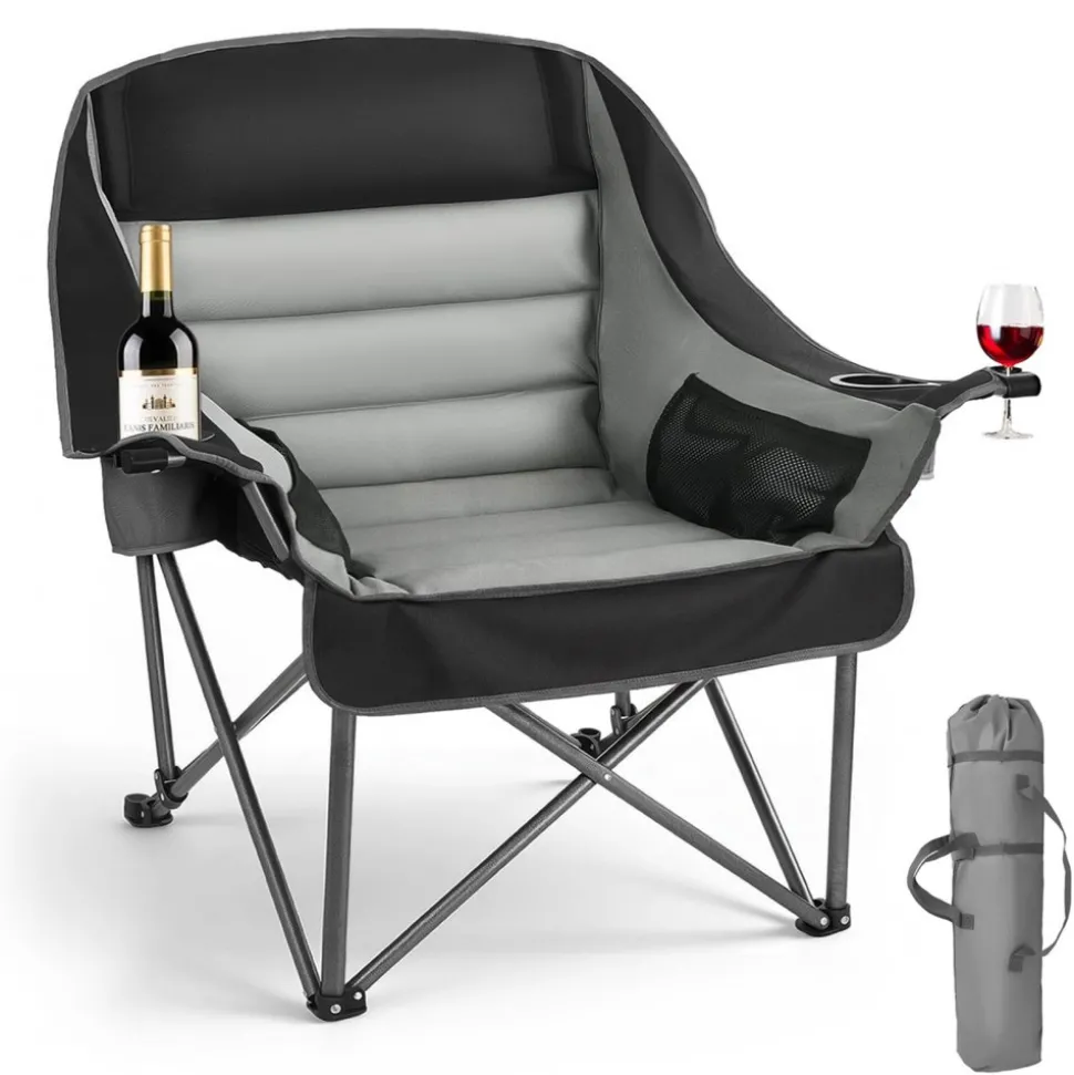 VEVOR Oversized Camping Chairs, 450 lbs Heavy Duty Support, Portable Padded Folding Camp Chairs with Dual Cup Holders & Wine Glass Holders, Carry Bag for Outdoor, Fishing, Black & Gray, 1 Pack