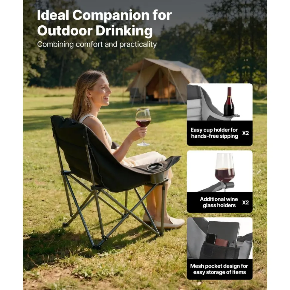 VEVOR Oversized Camping Chairs, 450 lbs Heavy Duty Support, Portable Padded Folding Camp Chairs with Dual Cup Holders & Wine Glass Holders, Carry Bag for Outdoor, Fishing, Black & Gray, 1 Pack